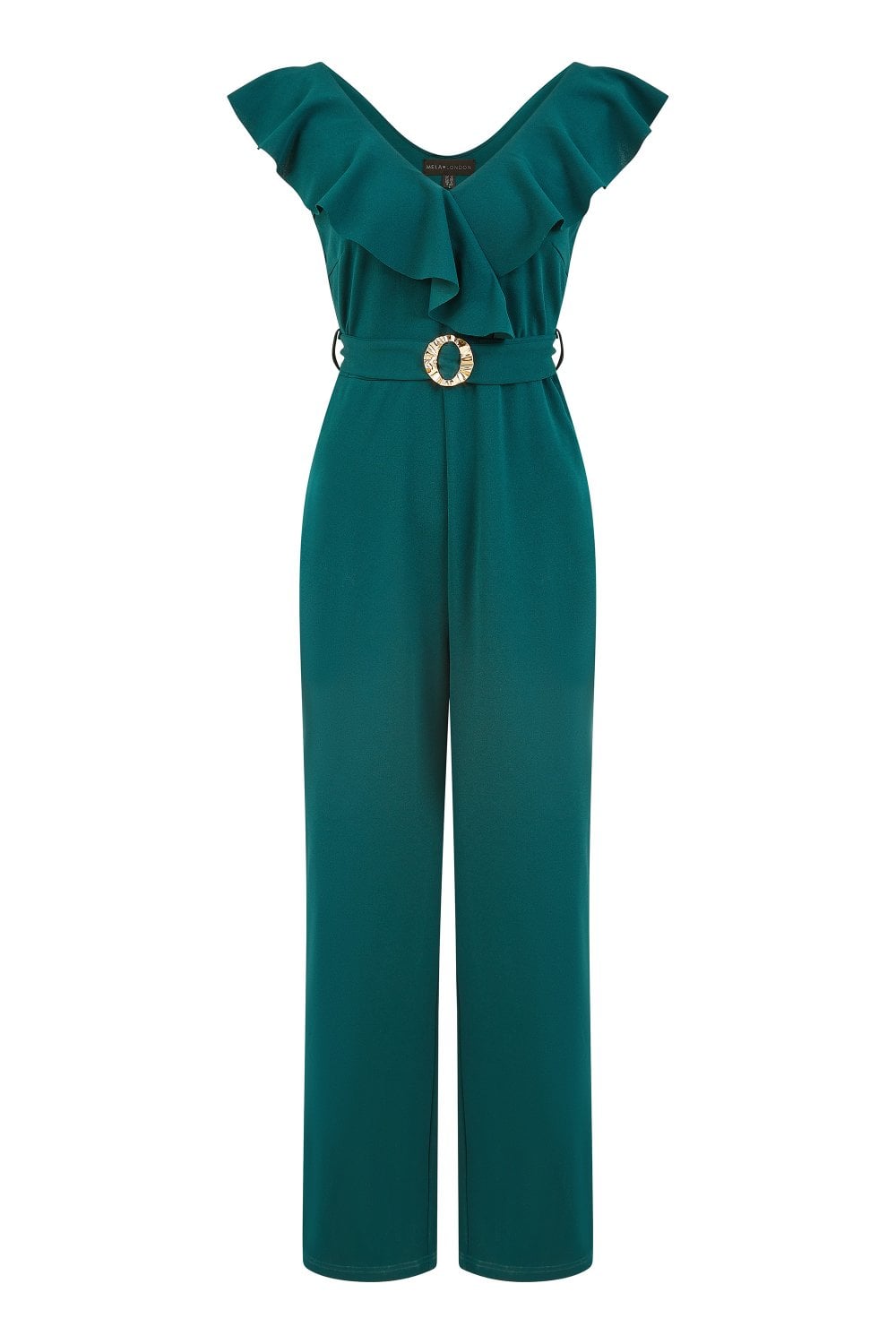 Mela Green Jumpsuit With Gold Buckle and Frill Detail Mela