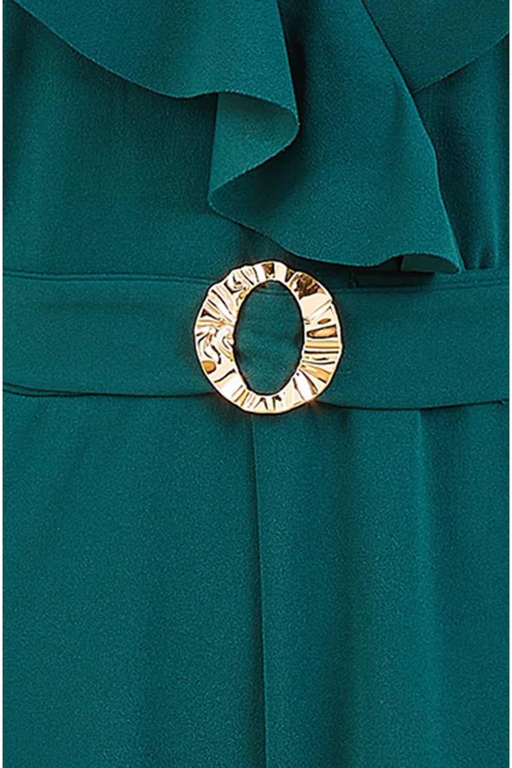 Mela Green Jumpsuit With Gold Buckle and Frill Detail Mela