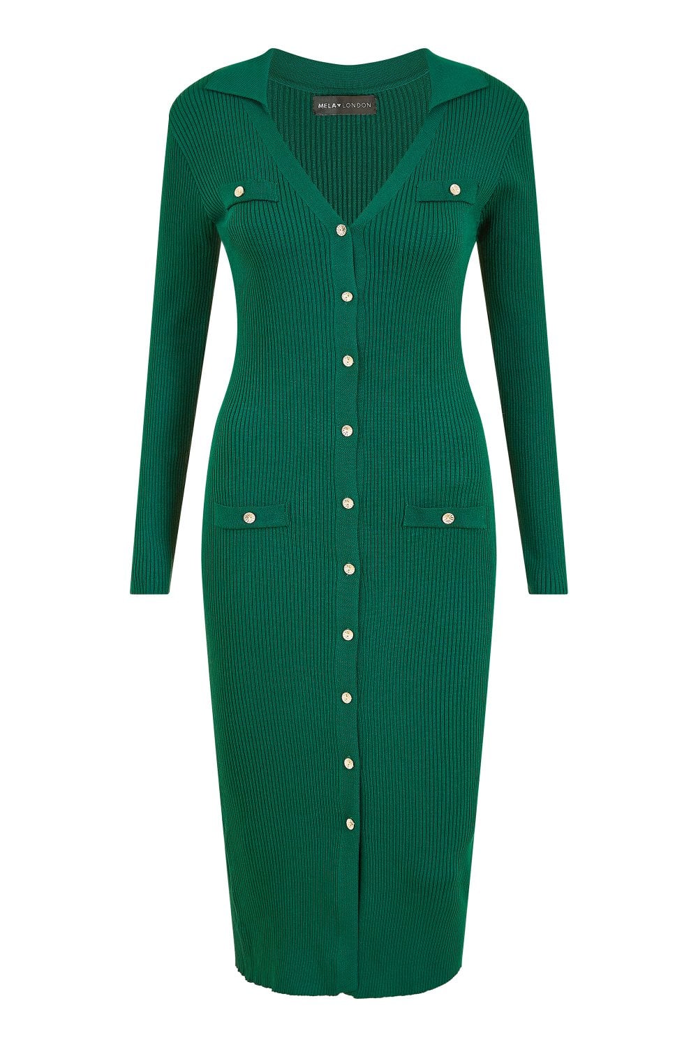 Mela Green Knitted Fitted Midi Dress With Buttons Mela