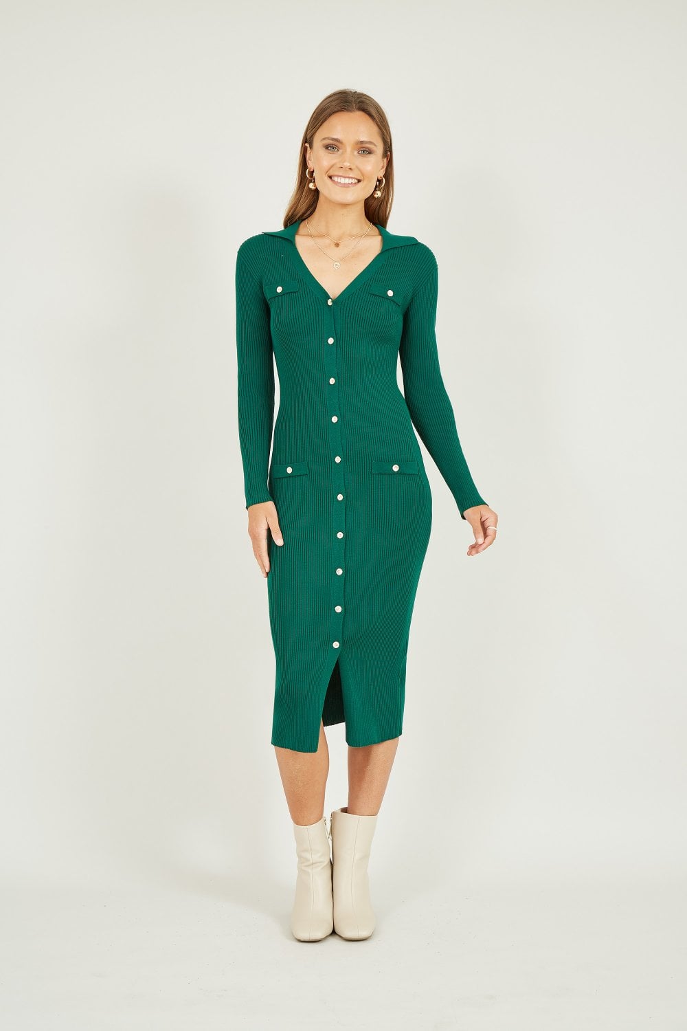 Mela Green Knitted Fitted Midi Dress With Buttons Mela