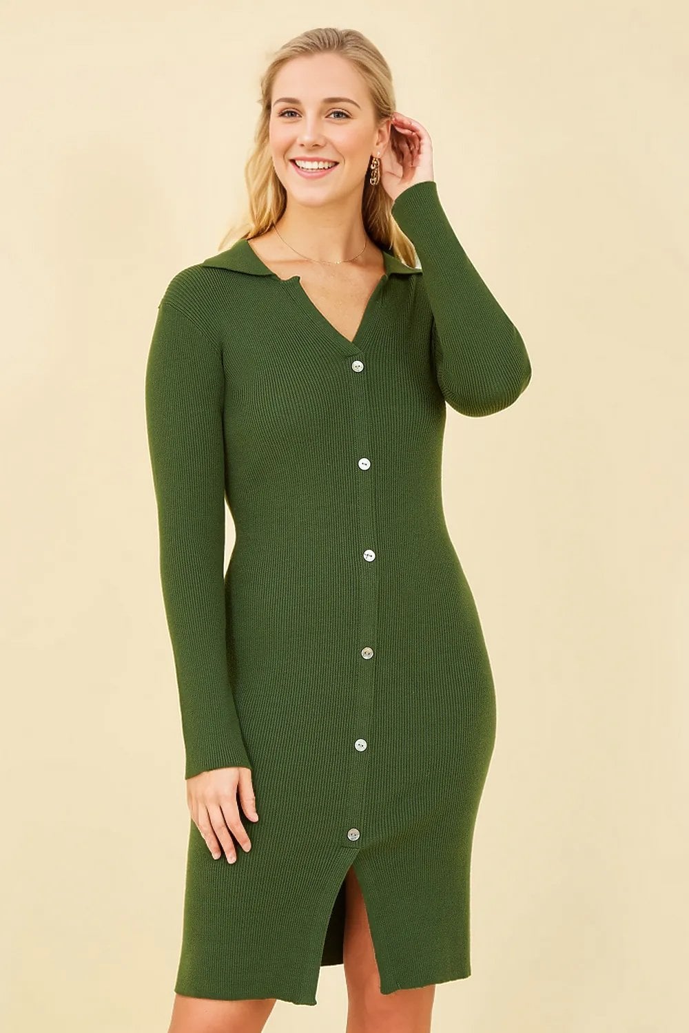 Mela Green Knitted Shirt Dress Yumi