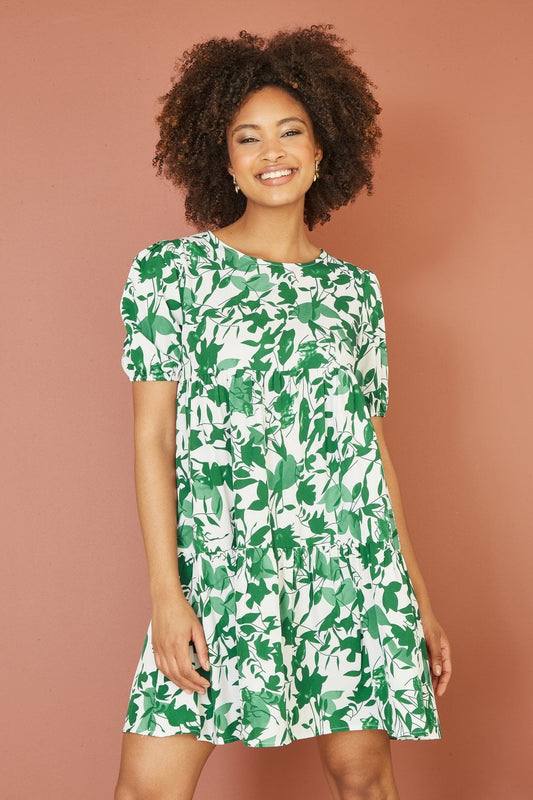 Mela Green Leaf Print Tunic Skater Dress Yumi