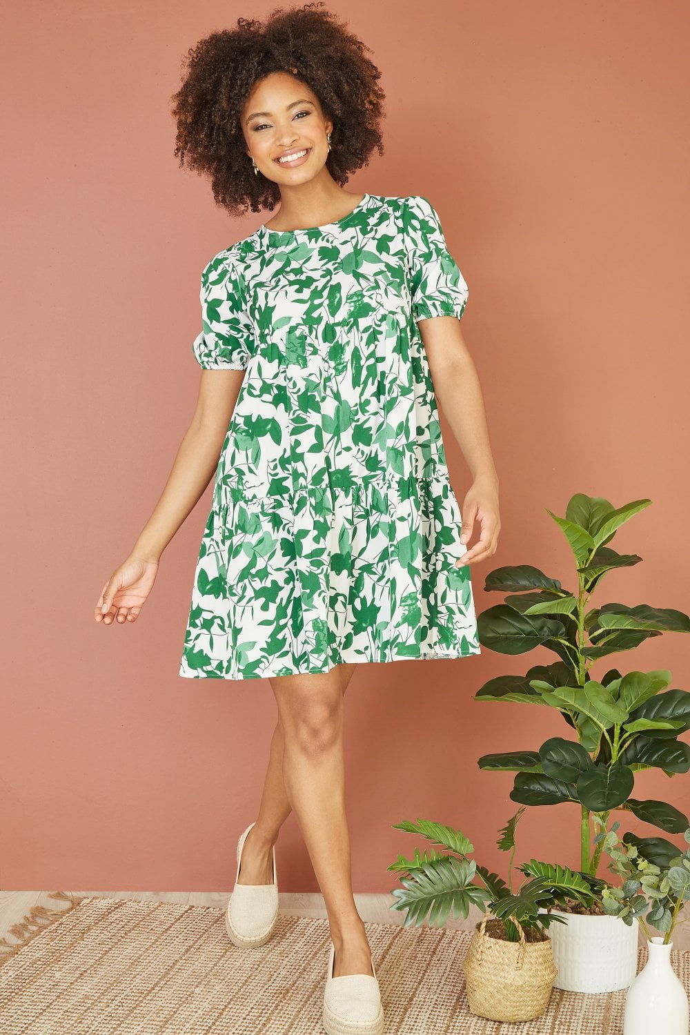 Mela Green Leaf Print Tunic Skater Dress Yumi