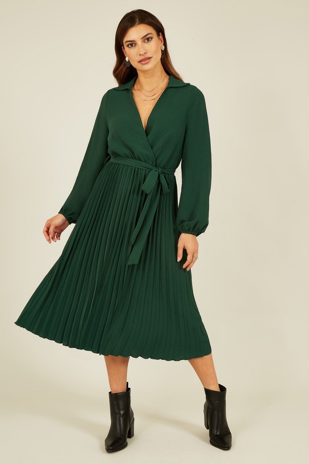 Mela Green Long Sleeve Wrap Pleated Midi Dress Mela