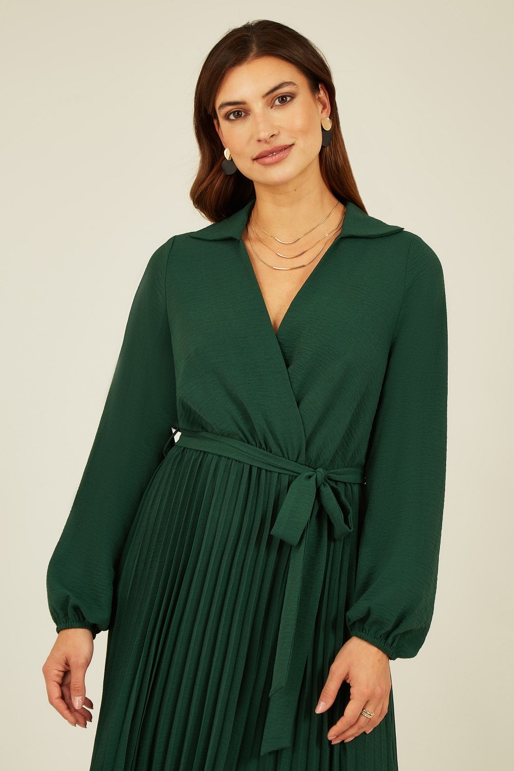 Mela Green Long Sleeve Wrap Pleated Midi Dress Mela