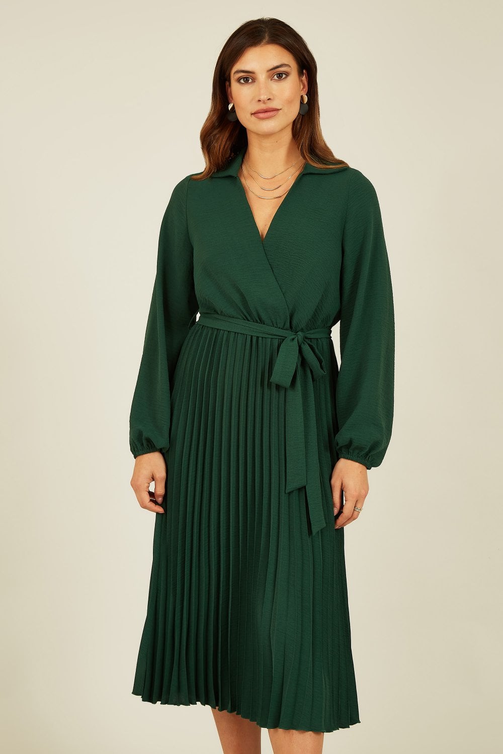 Mela Green Long Sleeve Wrap Pleated Midi Dress Mela