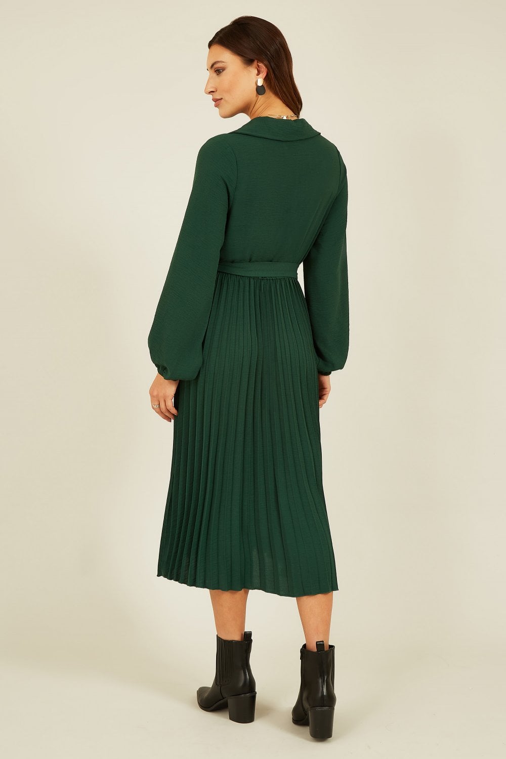 Mela Green Long Sleeve Wrap Pleated Midi Dress Mela