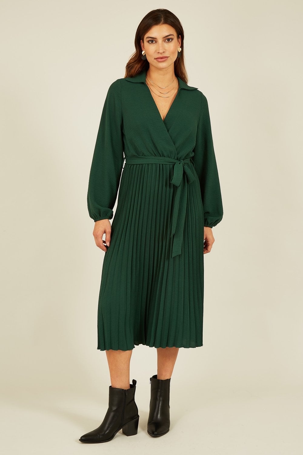 Mela Green Long Sleeve Wrap Pleated Midi Dress Mela