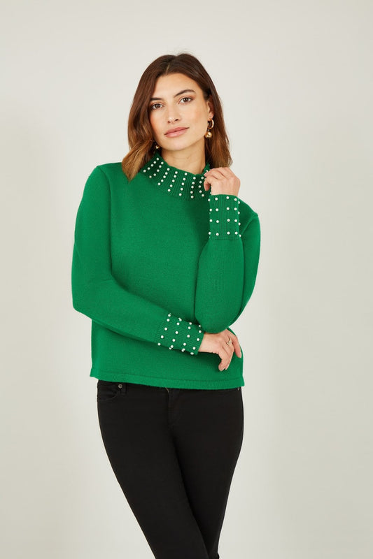 Mela Green Pearl Detail High Neck Jumper Mela