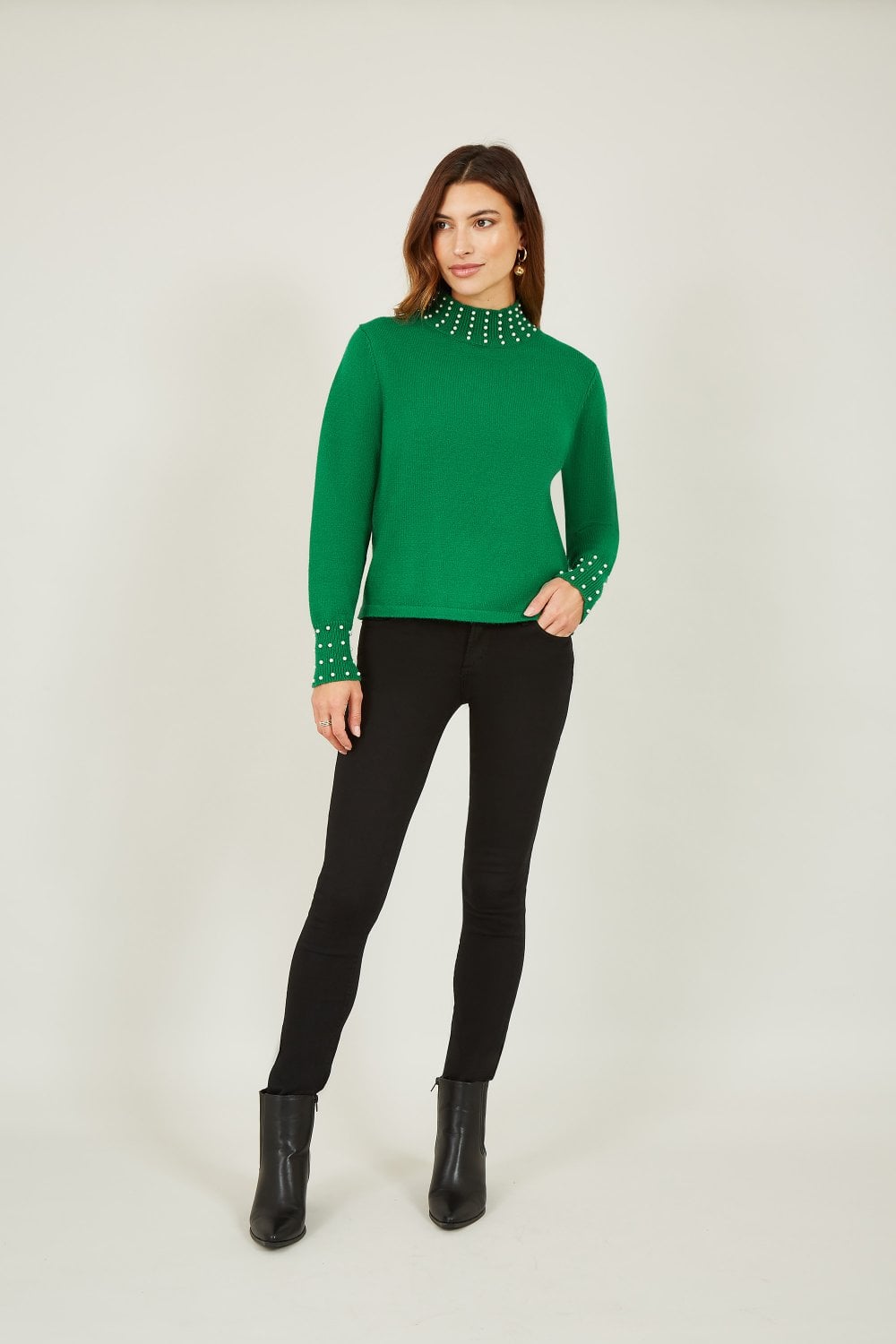 Mela Green Pearl Detail High Neck Jumper Mela