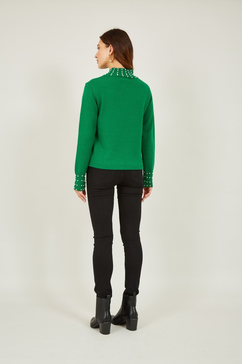 Mela Green Pearl Detail High Neck Jumper Mela