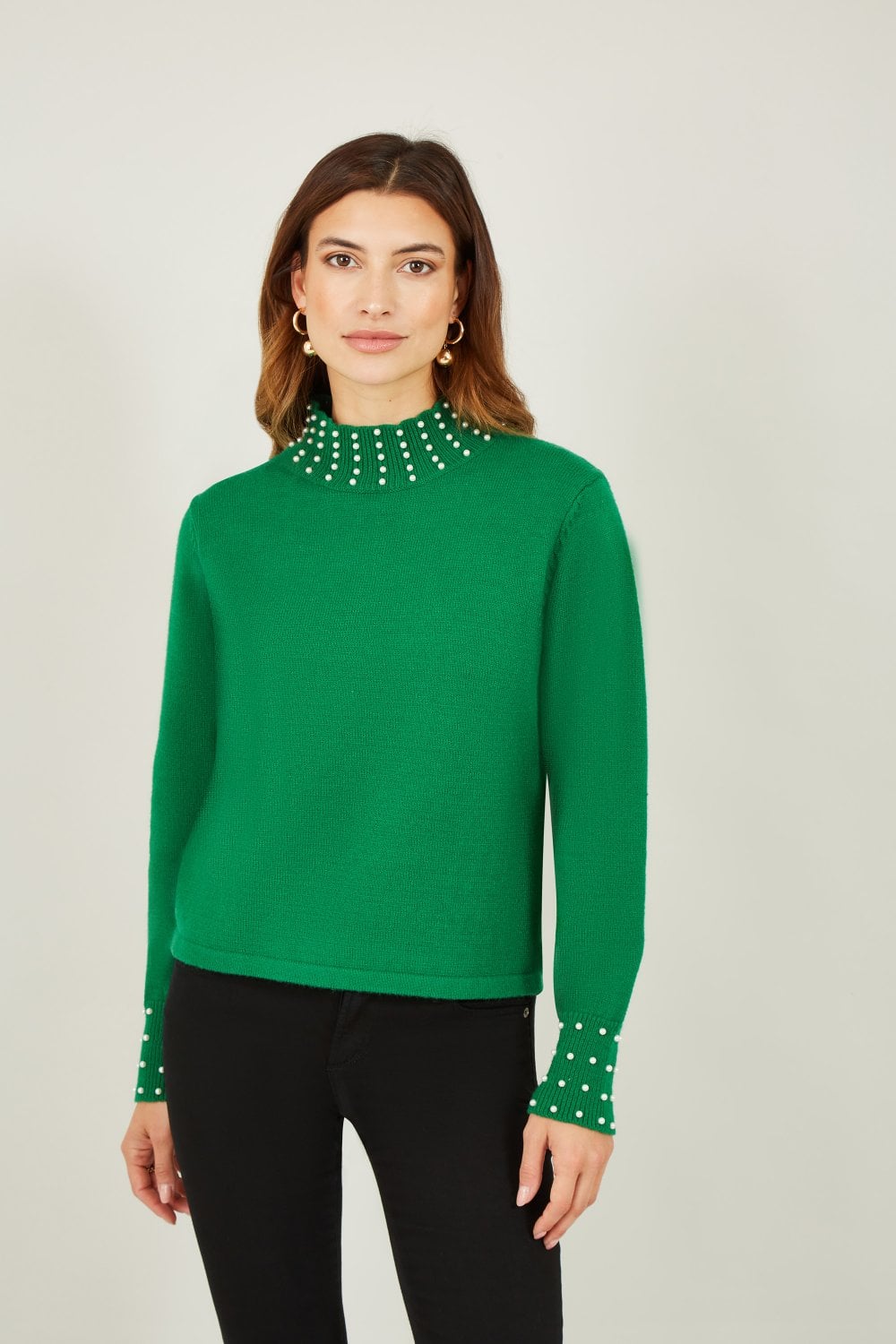 Mela Green Pearl Detail High Neck Jumper Mela