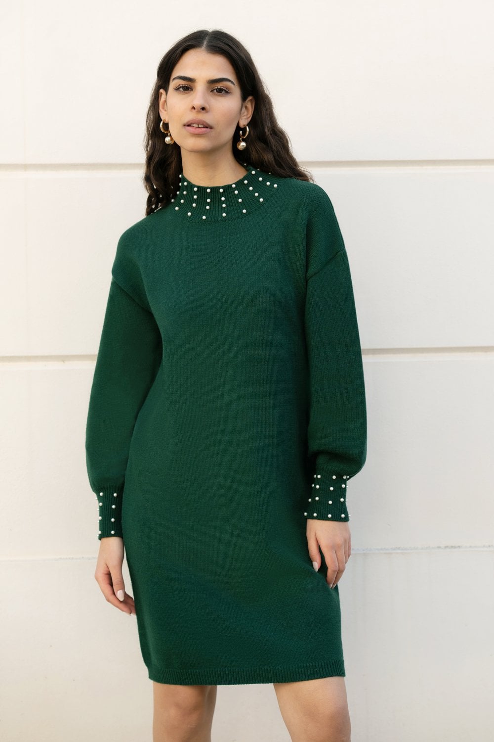 Mela Green Pearl Detail Knitted Relaxed Jumper Dress Mela