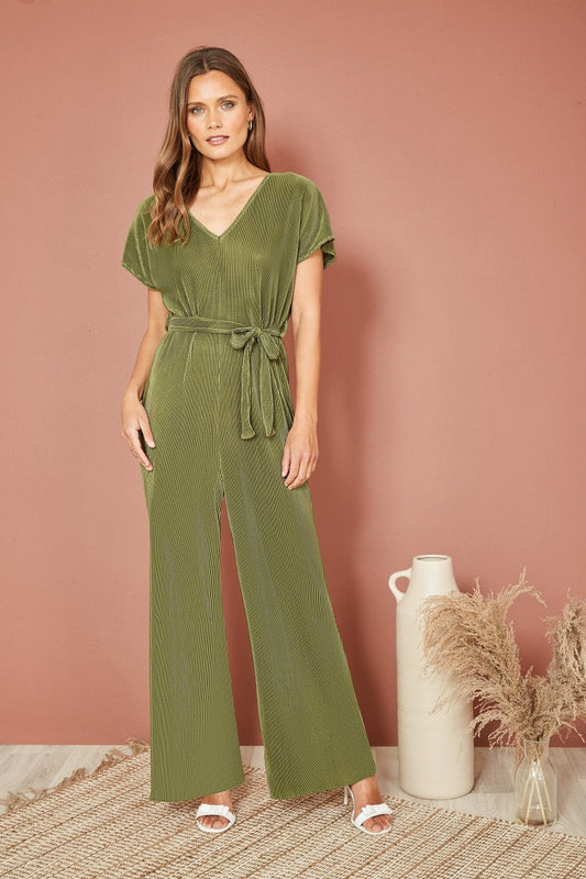 Mela Green Pleated Jumpsuit With V Neck Yumi