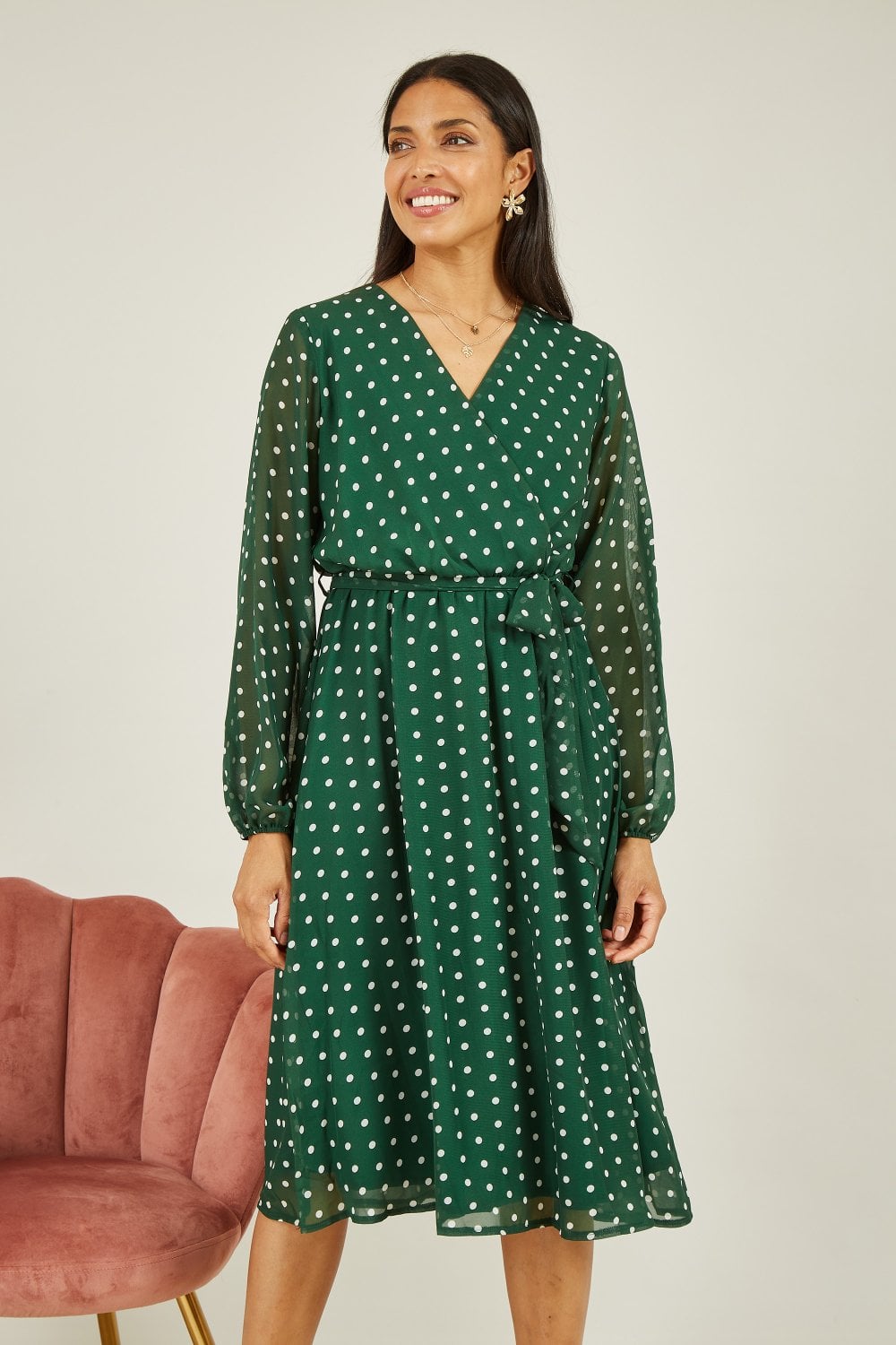 Mela Green Polka Dot Long Sleeve Midi Wrap Dress Yumi