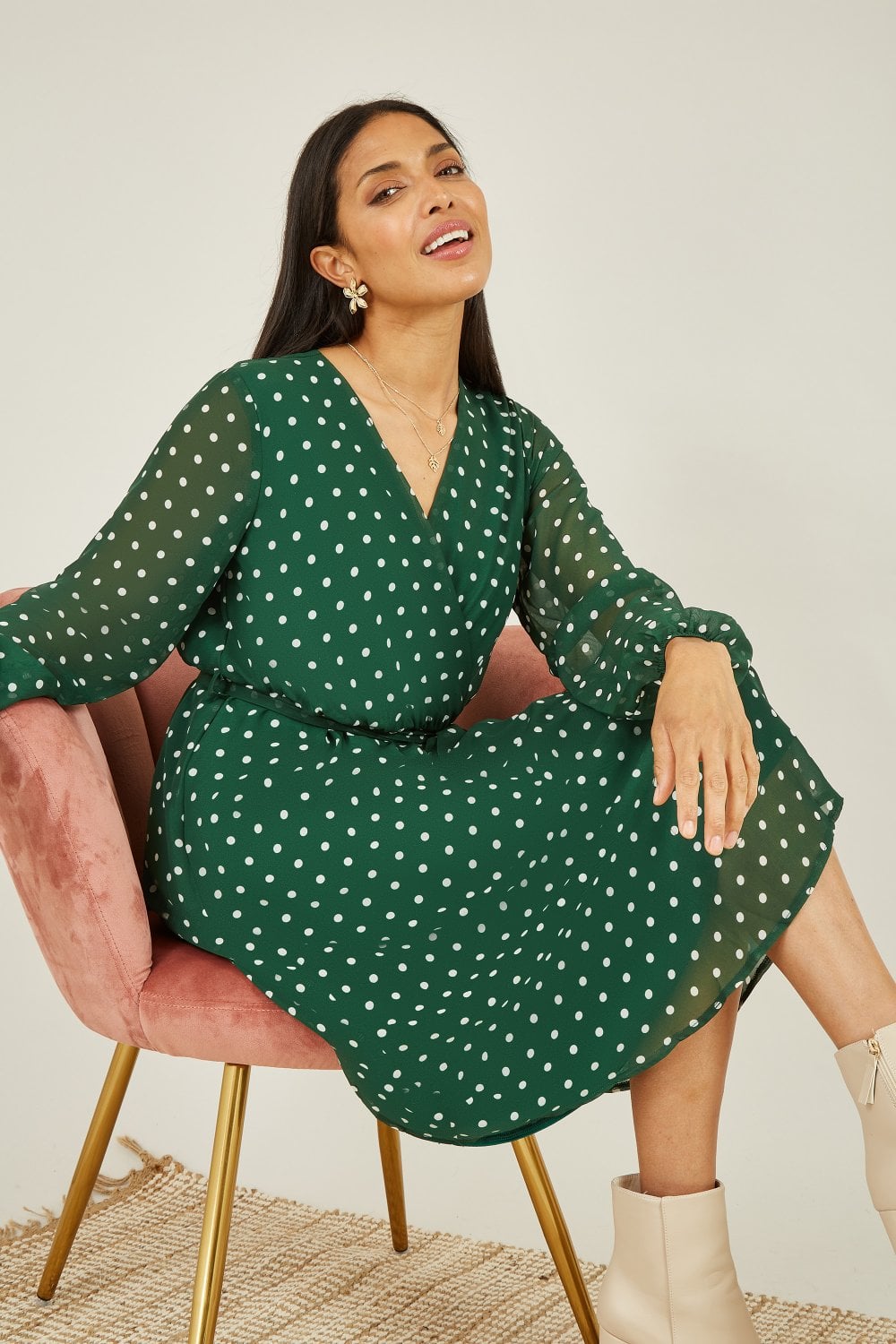 Mela Green Polka Dot Long Sleeve Midi Wrap Dress Yumi