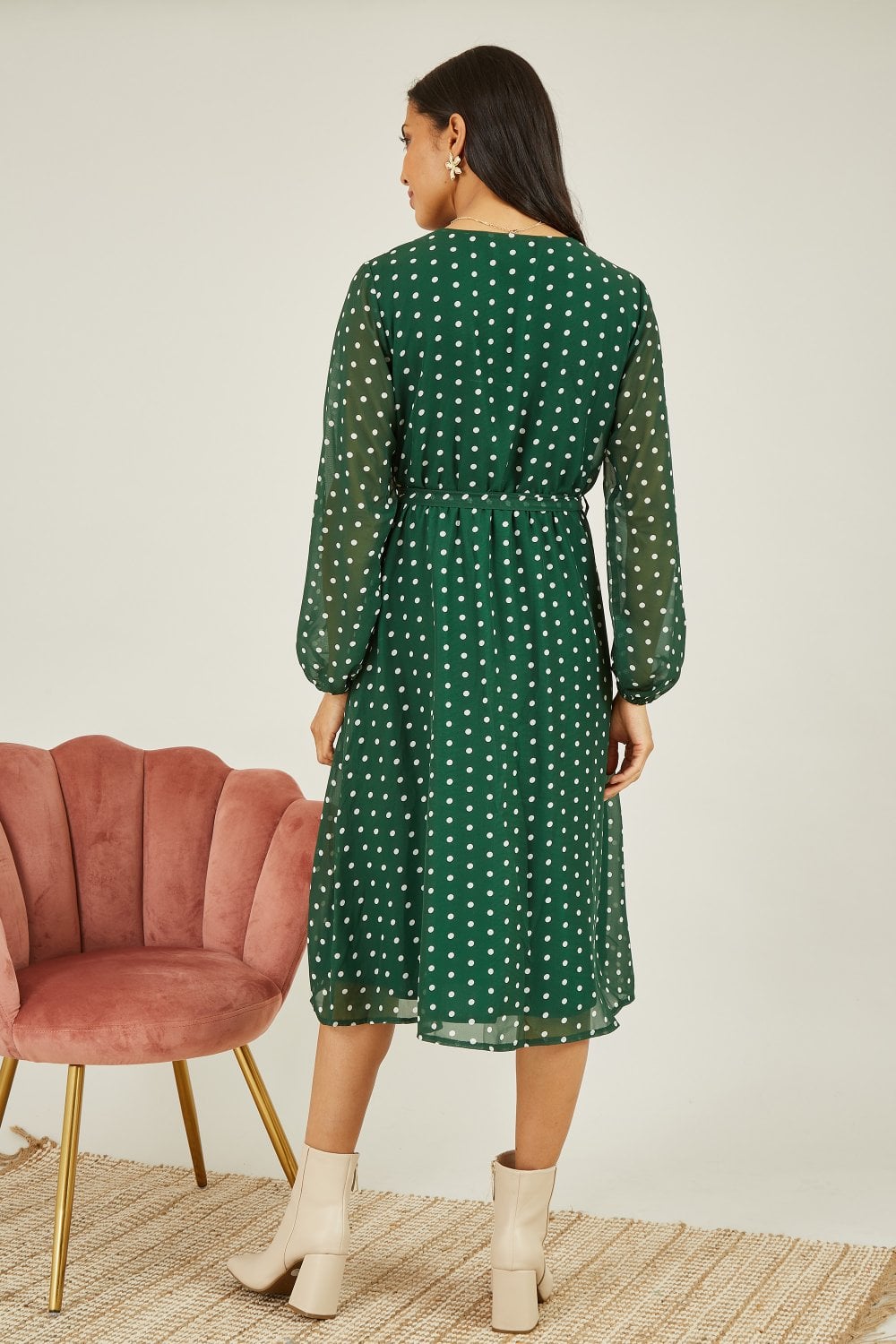 Mela Green Polka Dot Long Sleeve Midi Wrap Dress Yumi