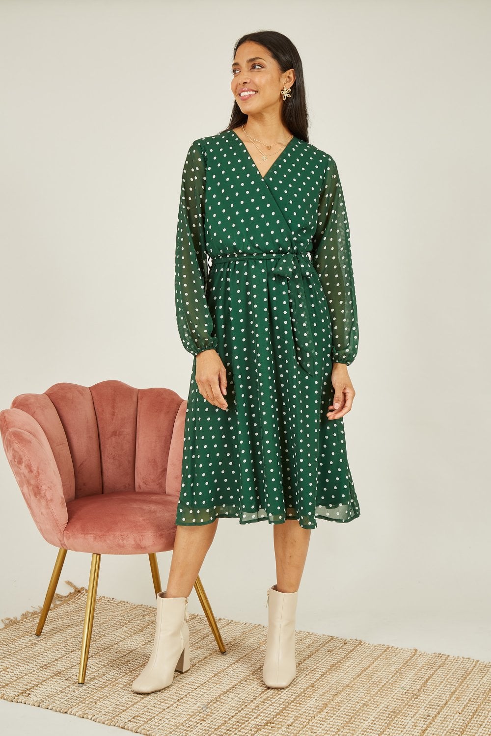 Mela Green Polka Dot Long Sleeve Midi Wrap Dress Yumi