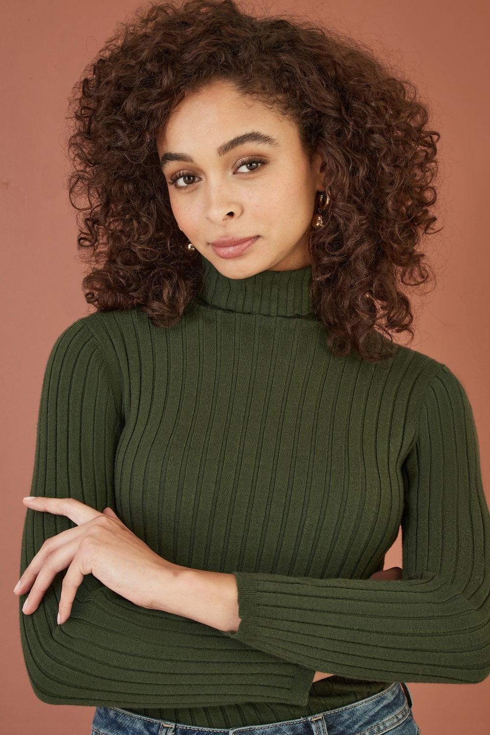 Mela Green Ribbed Knit Roll Neck Jumper Yumi