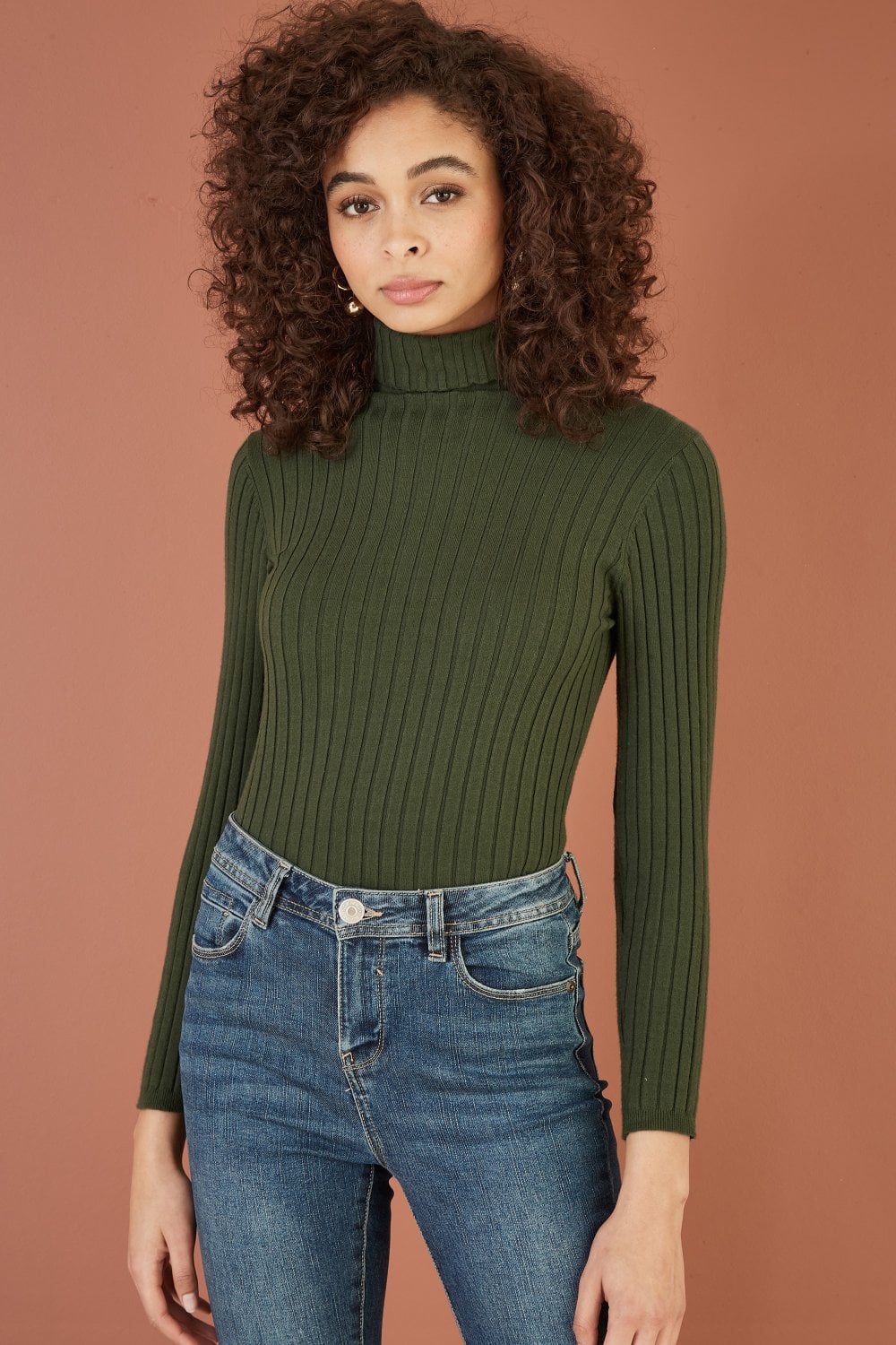 Mela Green Ribbed Knit Roll Neck Jumper Yumi