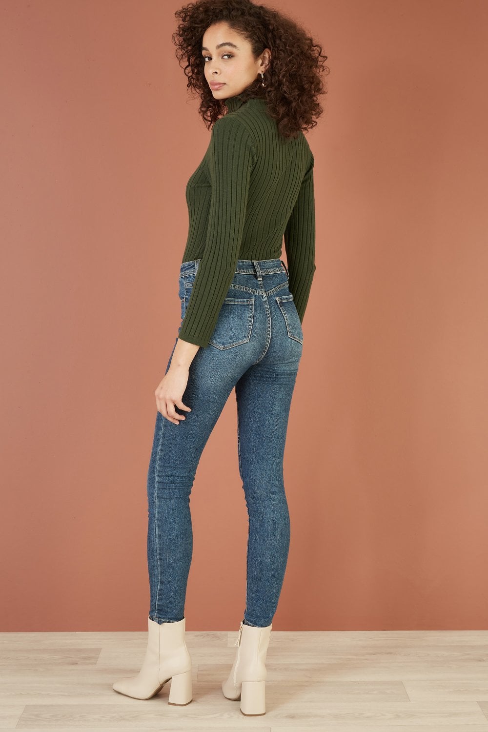 Mela Green Ribbed Knit Roll Neck Jumper Yumi