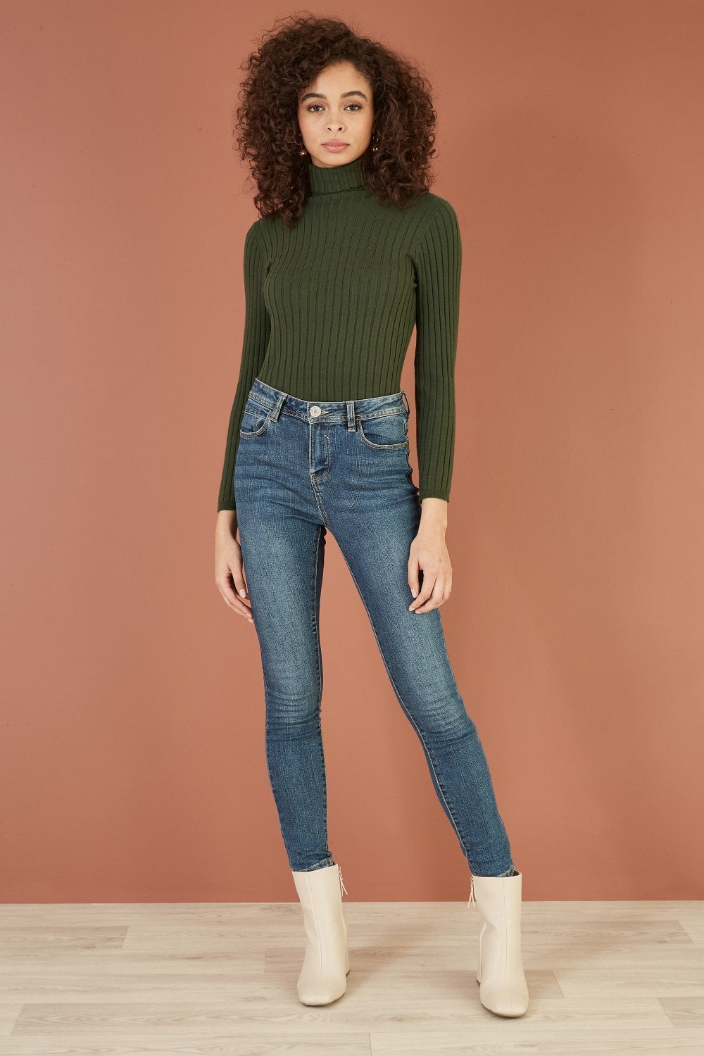 Mela Green Ribbed Knit Roll Neck Jumper Yumi