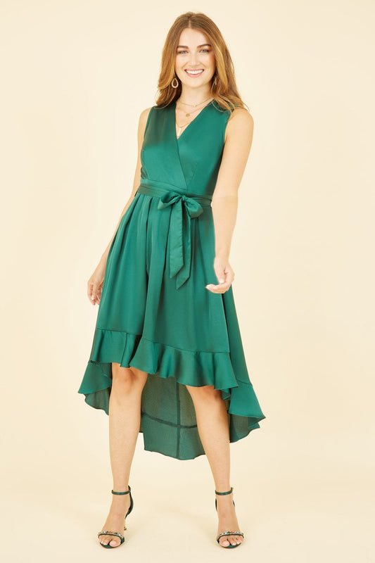 Mela Green Satin Dipped Hem Wrap Over Midi Dress Yumi