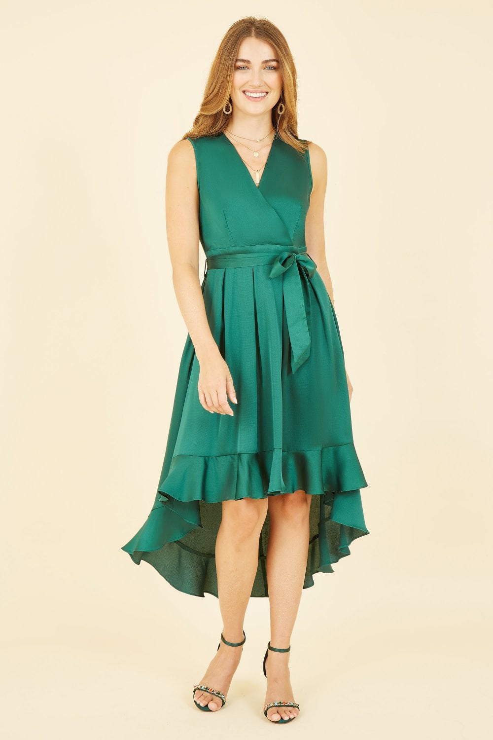 Mela Green Satin Dipped Hem Wrap Over Midi Dress Yumi