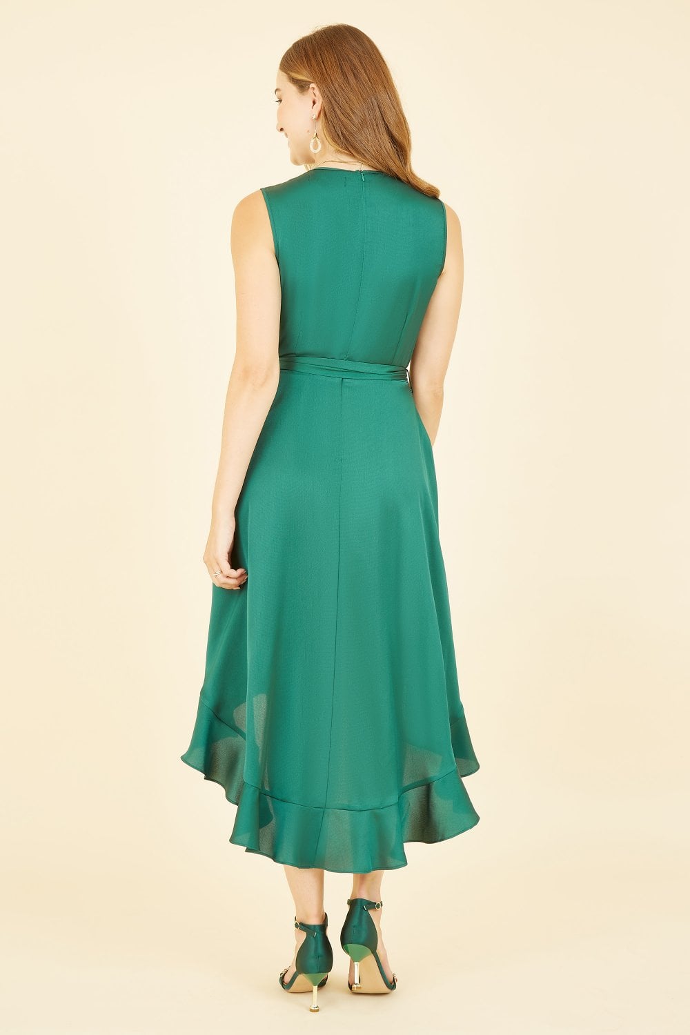 Mela Green Satin Dipped Hem Wrap Over Midi Dress Yumi