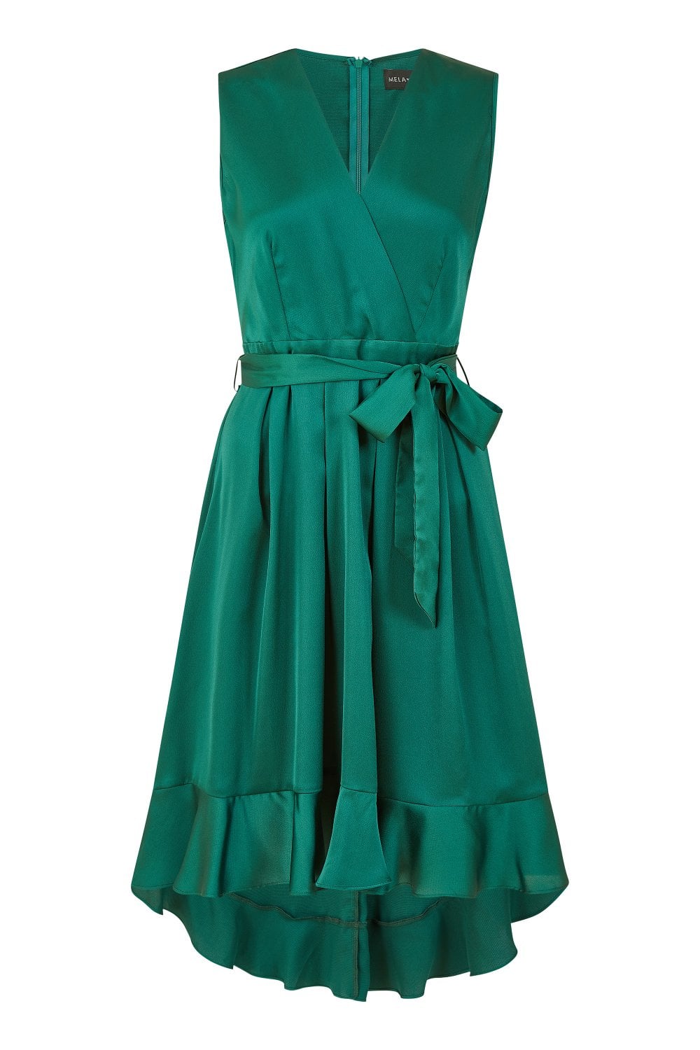 Mela Green Satin Dipped Hem Wrap Over Midi Dress Yumi