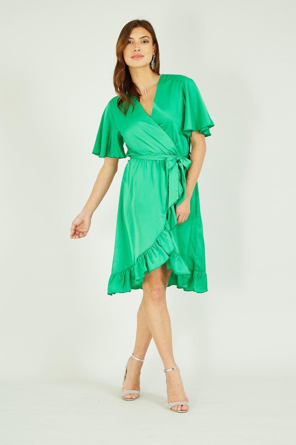 Mela Green Satin Wrap Dress Mela