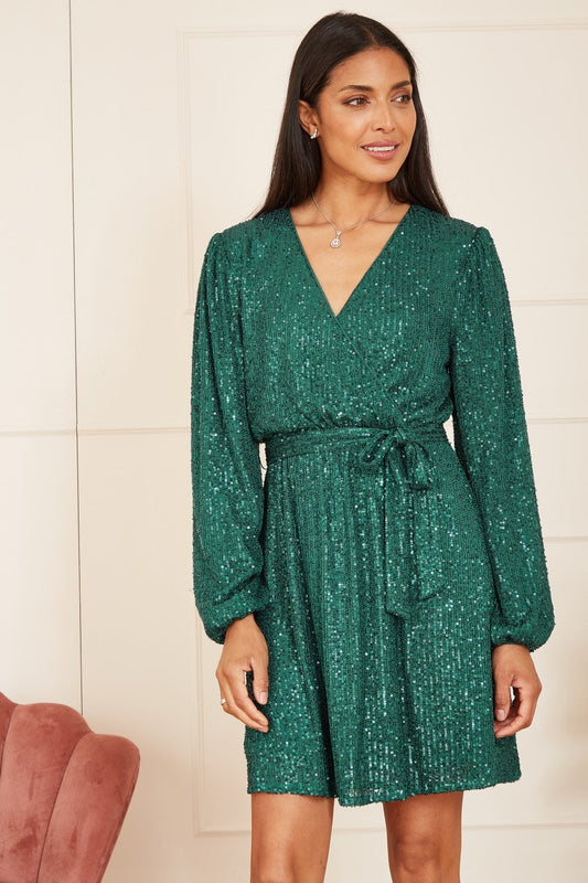 Mela Green Sequin Belted Wrap Long Sleeve Dress Mela