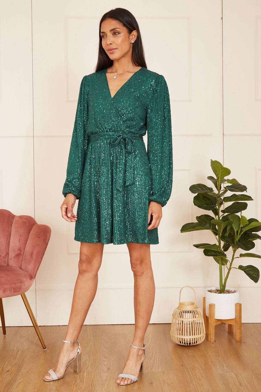 Mela Green Sequin Belted Wrap Long Sleeve Dress Mela