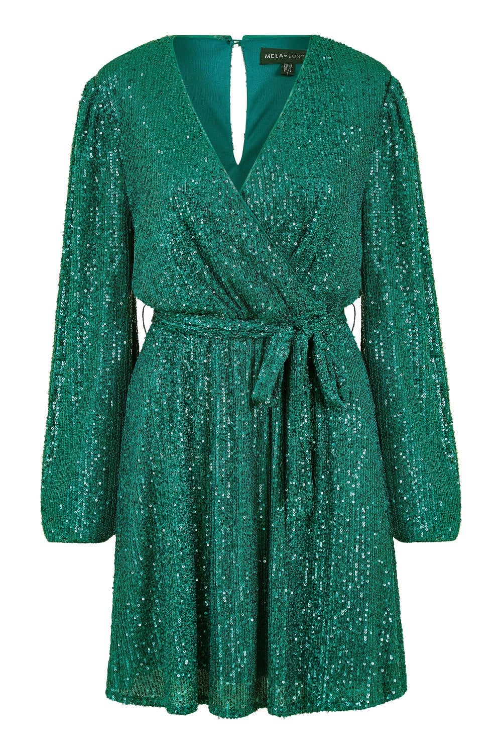 Mela Green Sequin Belted Wrap Long Sleeve Dress Mela