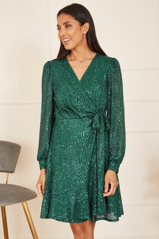 Mela Green Sequin Long Sleeve Frill Wrap Dress Mela