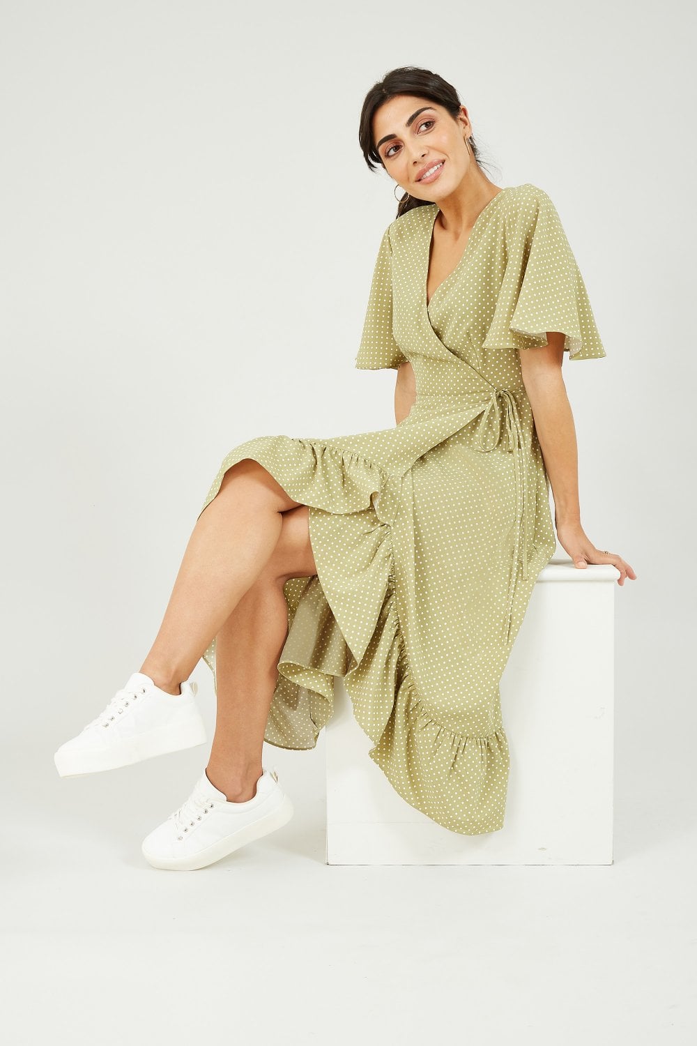 Mela Green Spotted Wrap Midi Dress Mela