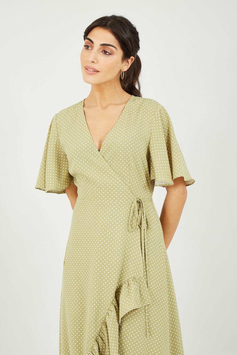 Mela Green Spotted Wrap Midi Dress Mela