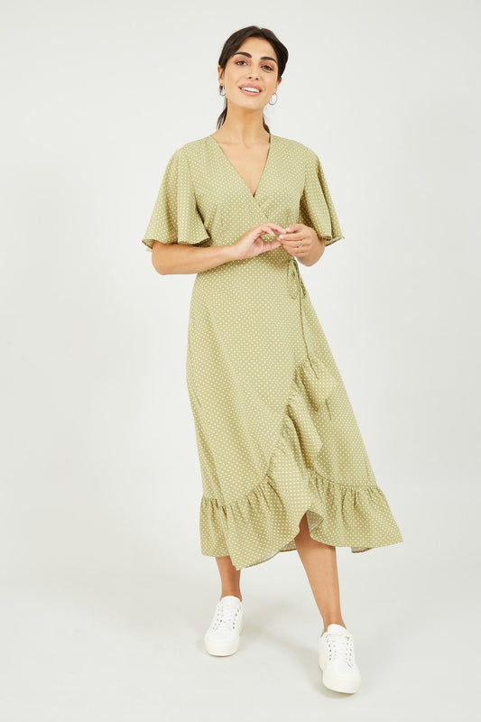 Mela Green Spotted Wrap Midi Dress Mela