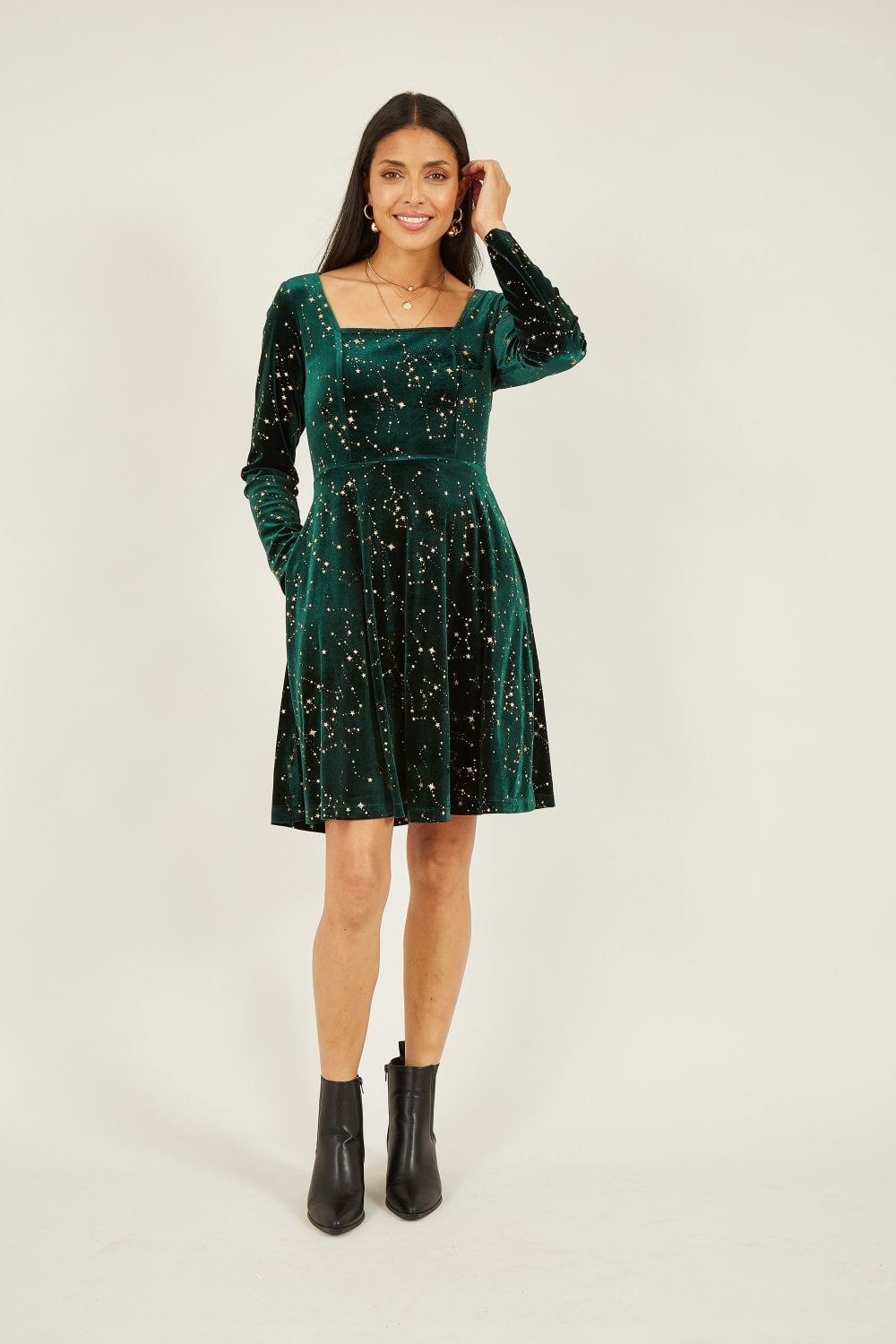 Mela Green Star Foil Print Long Sleeve Skater Dress Mela