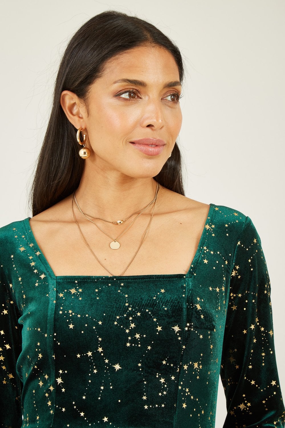 Mela Green Star Foil Print Long Sleeve Skater Dress Mela