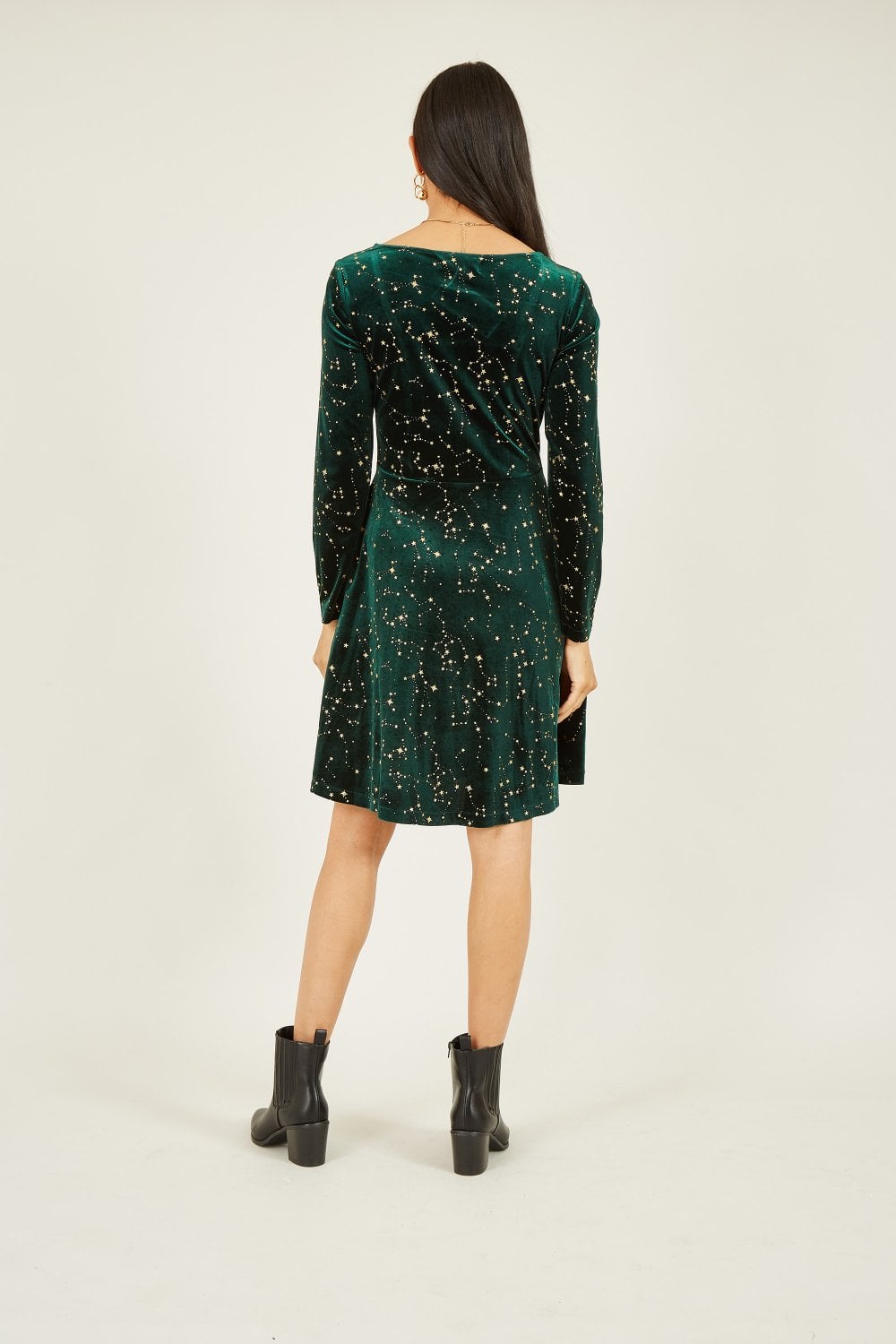 Mela Green Star Foil Print Long Sleeve Skater Dress Mela