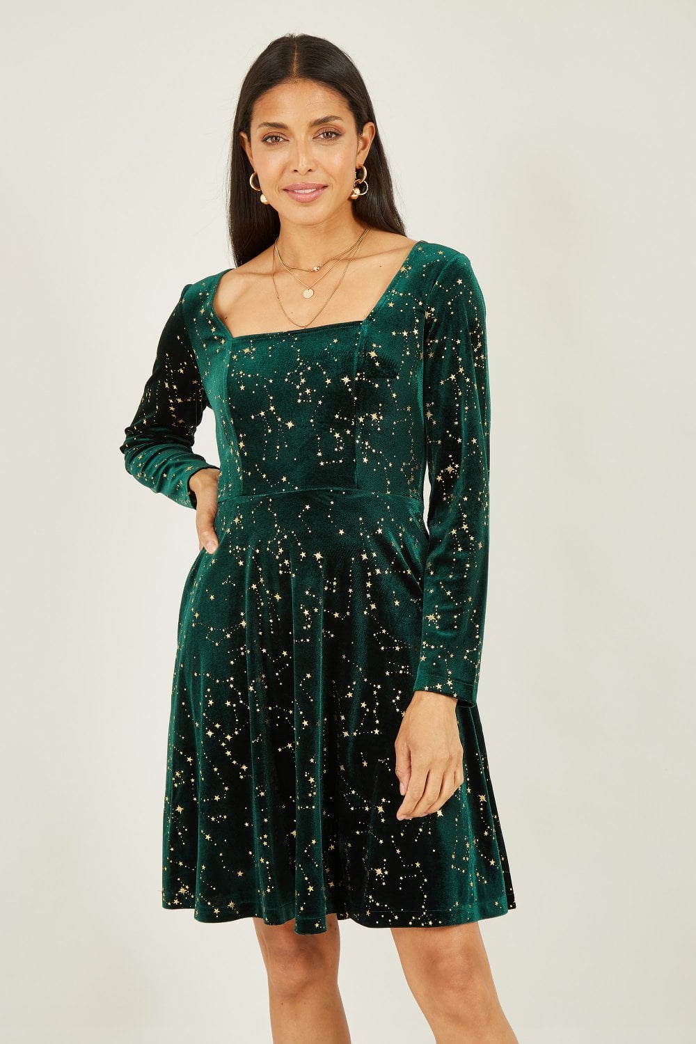 Mela Green Star Foil Print Long Sleeve Skater Dress Mela