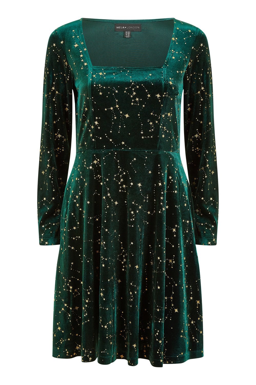 Mela Green Star Foil Print Long Sleeve Skater Dress Mela