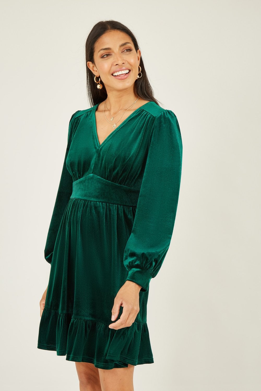 Mela Green Velvet Long Sleeve Skater Dress Yumi