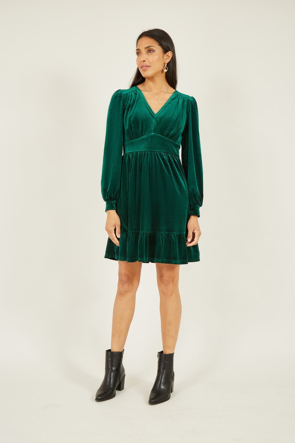 Mela Green Velvet Long Sleeve Skater Dress Yumi