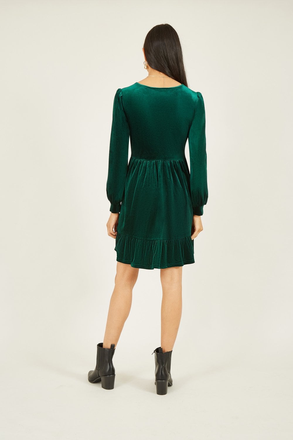 Mela Green Velvet Long Sleeve Skater Dress Yumi