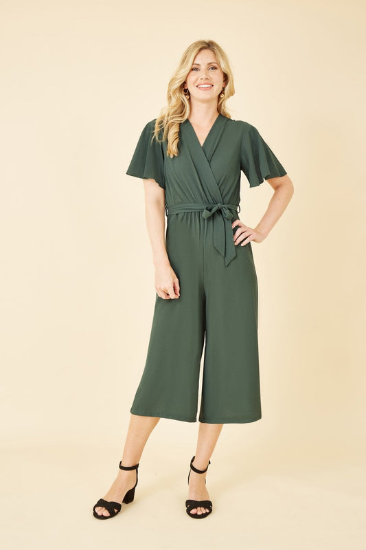 Mela Green Wrap Over Jumpsuit With Angel Sleeves Mela