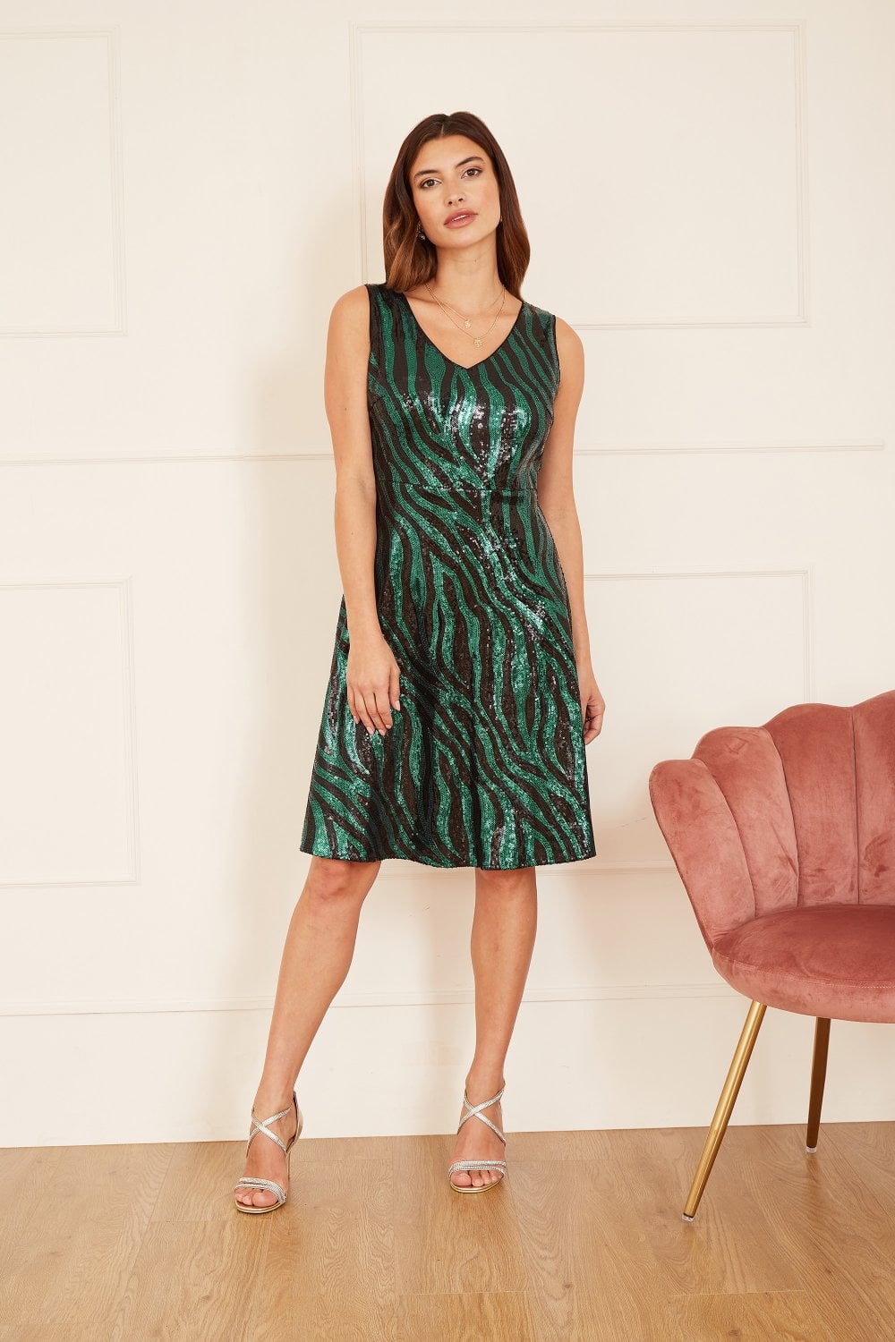 Mela Green Zebra Sequin Skater Dress Mela