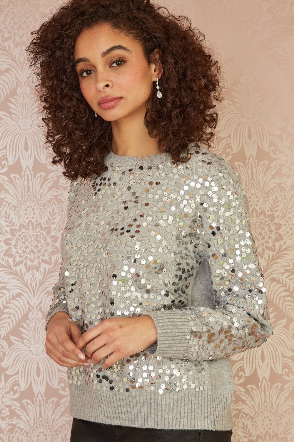 Mela Grey All Over Sequin Relaxed Fit Jumper Yumi