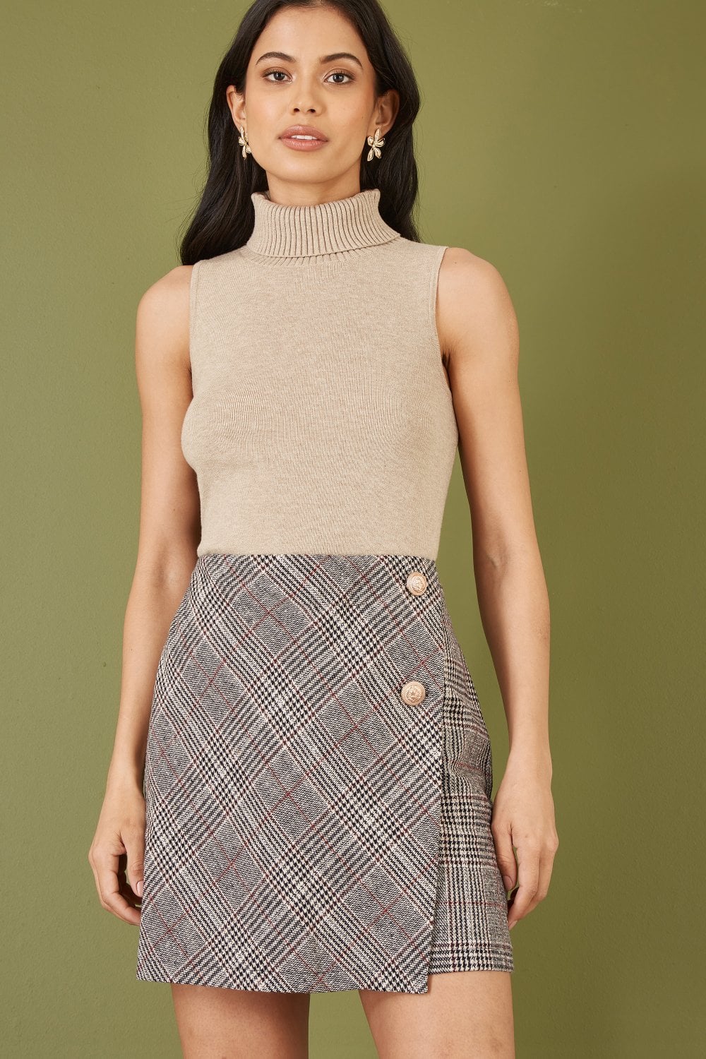 Mela Grey Checked Wrap Mini Skirt With Button Detail Mela